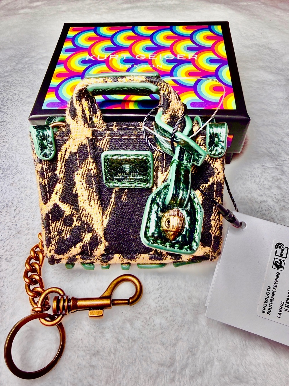 Kurt Geiger Jacquard Tote Keychain/bag charm with Green Metallic Trim NWT